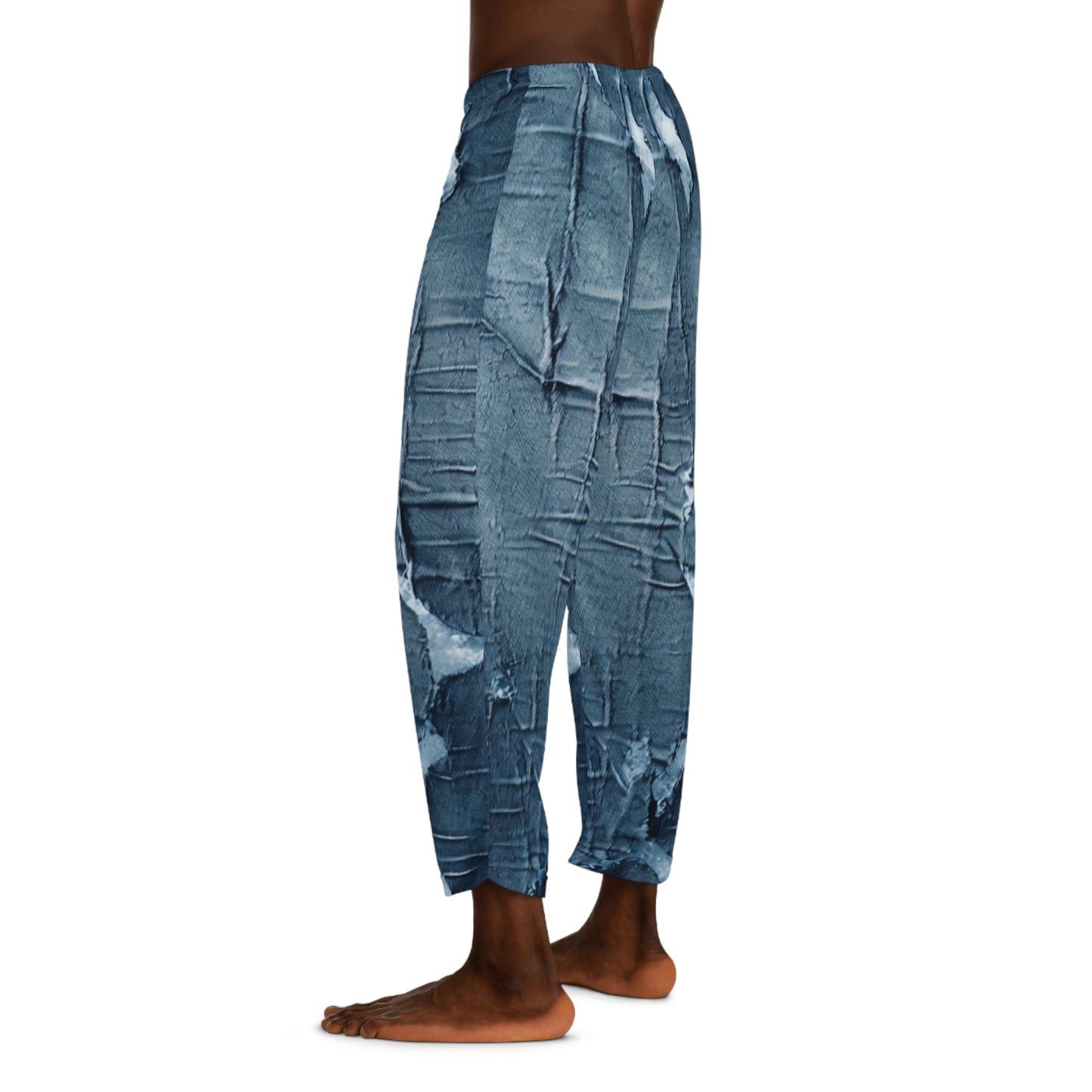 Distressed Blue Denim-Look: Edgy, Torn Fabric Design - Men's Pajama Pants (AOP)