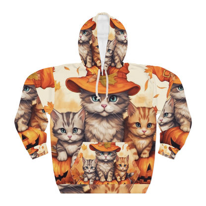 Kitty Cat Kittens Halloween - Cute Furries on Pumpkin - Festive Feline Decor - Unisex Pullover Hoodie (AOP)