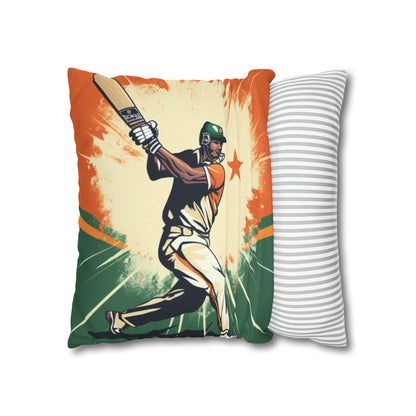 India Cricket Star: Batsman With Willow Bat, National Flag Style - Sport Game - Spun Polyester Square Pillow Case