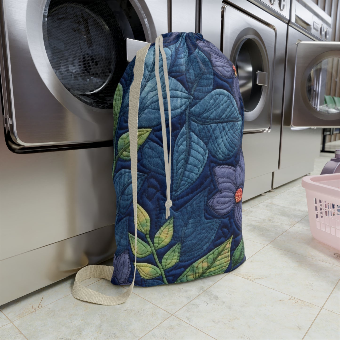 Floral Embroidery Blue: Denim-Inspired, Artisan-Crafted Flower Design - Laundry Bag