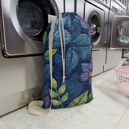 Floral Embroidery Blue: Denim-Inspired, Artisan-Crafted Flower Design - Laundry Bag