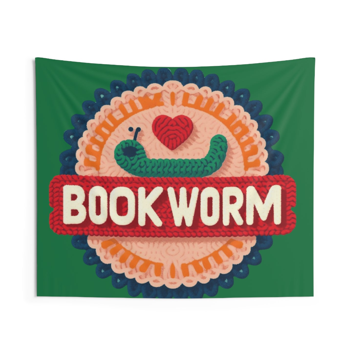 Crochet Bookworm Illustration: Cozy Reader Embroidered Patch Design - Ideal for Bibliophile - Indoor Wall Tapestries