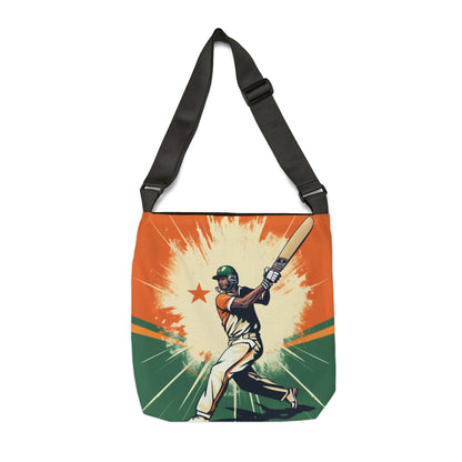 India Cricket Star: Batsman With Willow Bat, National Flag Style - Sport Game - Adjustable Tote Bag (AOP)