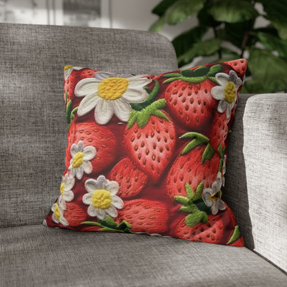 Strawberry Strawberries Embroidery Design - Fresh Pick Red Berry Sweet Fruit - Spun Polyester Square Pillow Case