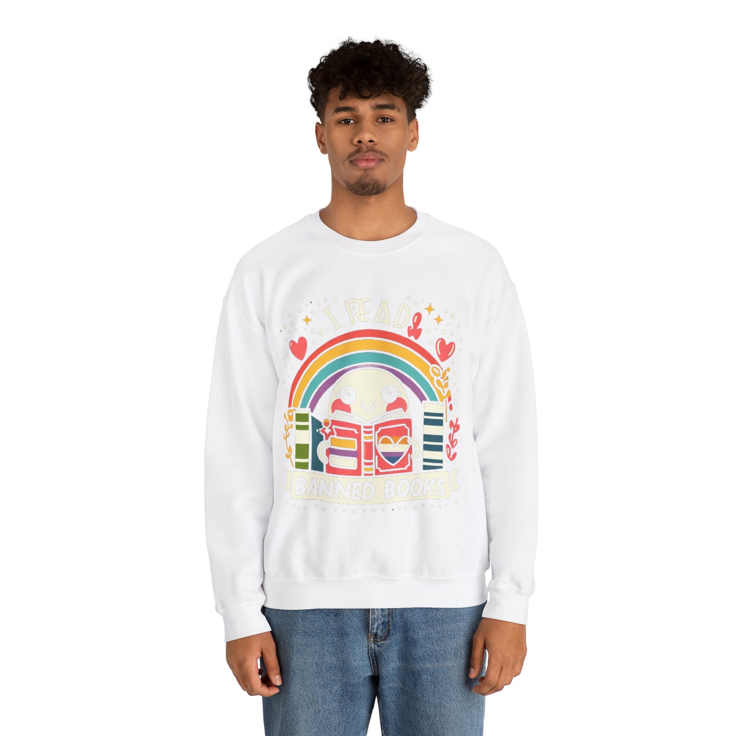 Leo libros prohibidos - Personaje alegre y arco iris - Sudadera unisex Heavy Blend™ Crewneck