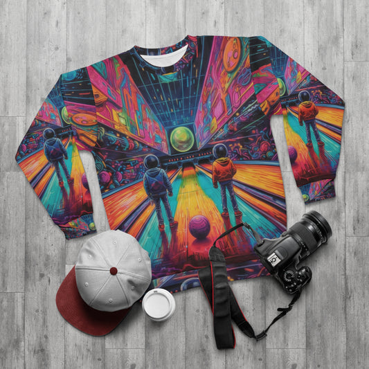 Trippy Bowling Alley: Retro-Futuristic Pin Strike Zone - Unisex Sweatshirt (AOP)