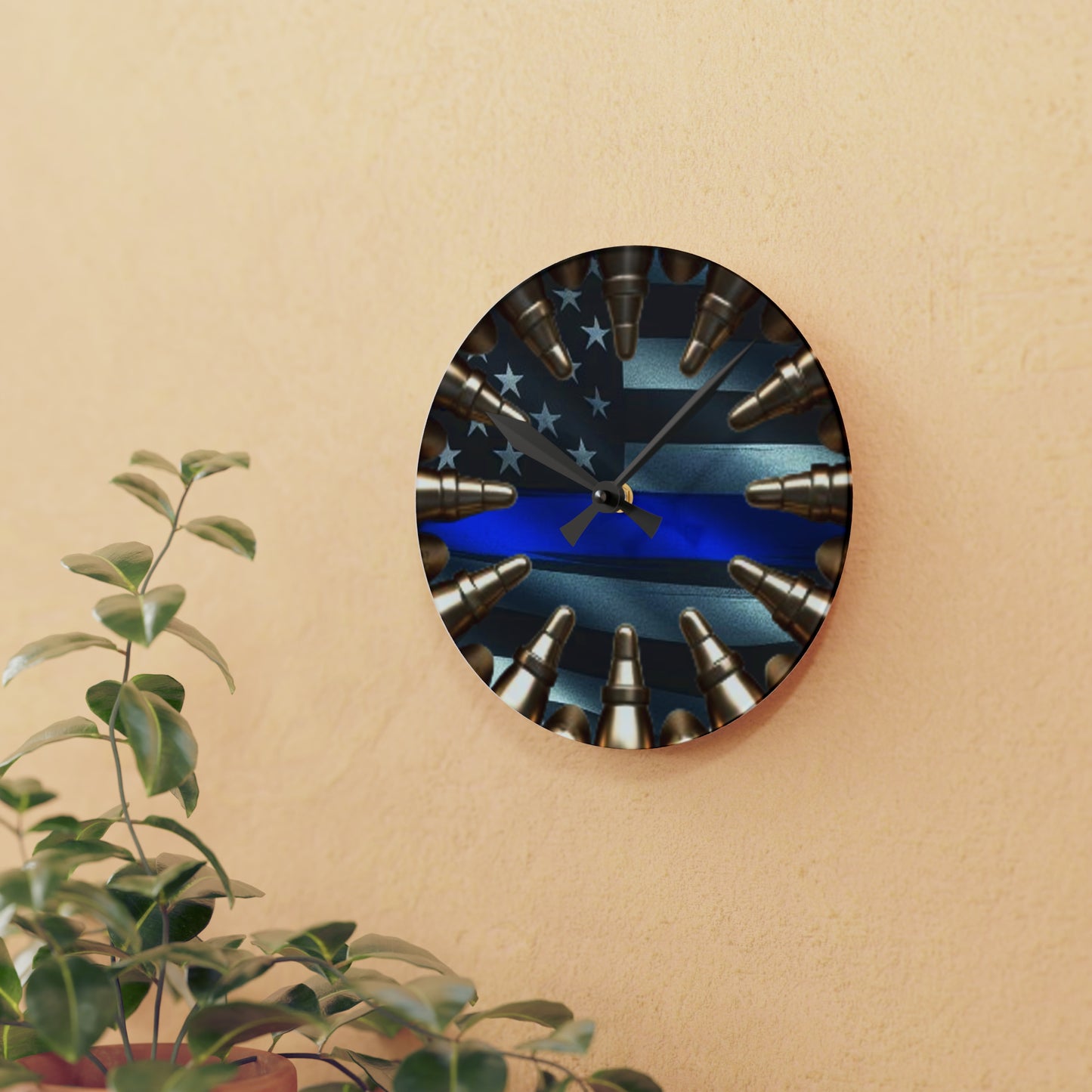 Thin Blue Line Acrylic Wall Clock - Patriotic Police Honor, Faux Bullet Emblem, American Flag Timepiece