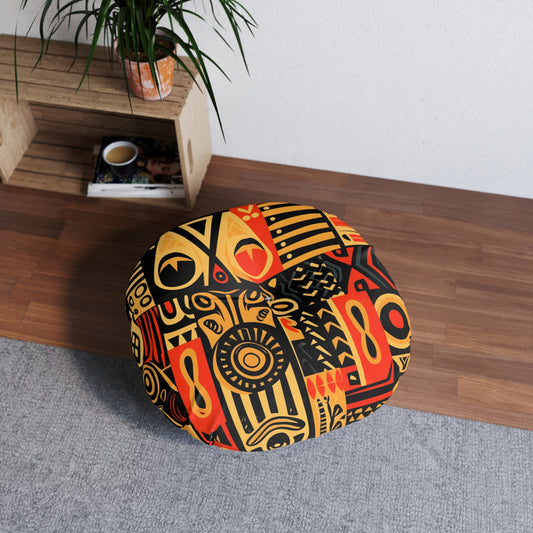 Tribal Art-Inspired Abstract Symbols, Heritage - Tufted Floor Pillow, Round