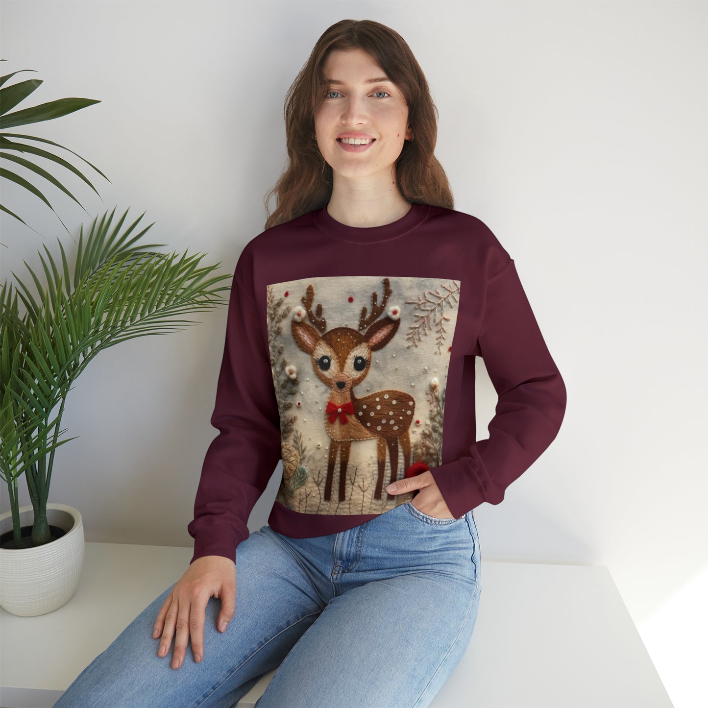 Winter Deer - Style Embroidered Christmas Reindeer, Festive Felt Artwork, Holiday Decor - Unisex Heavy Blend™ Crewneck Sweatshirt