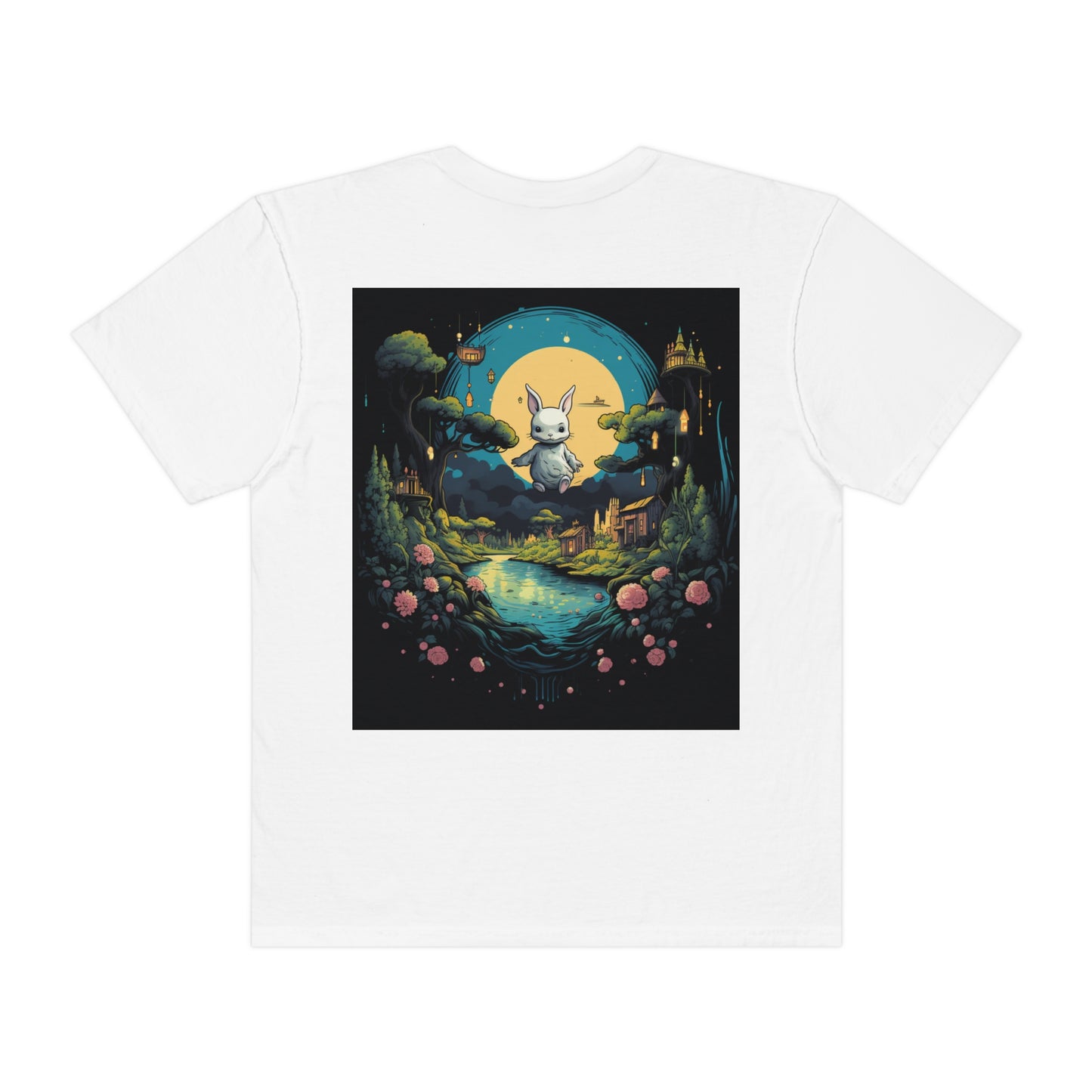 White Rabbit Mystery Psychedelic Fantasy Anime Cartoon Bunny - Unisex Garment-Dyed T-shirt