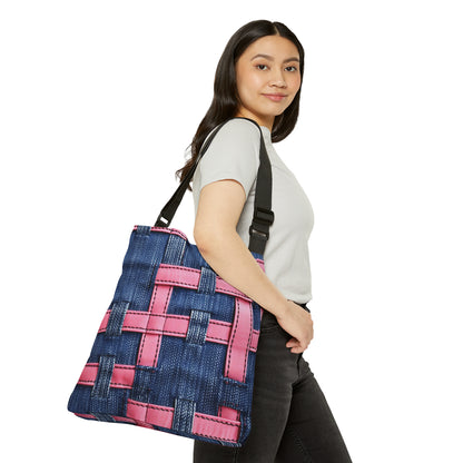 Candy-Striped Crossover: Pink Denim Ribbons Dancing on Blue Stage - Adjustable Tote Bag (AOP)