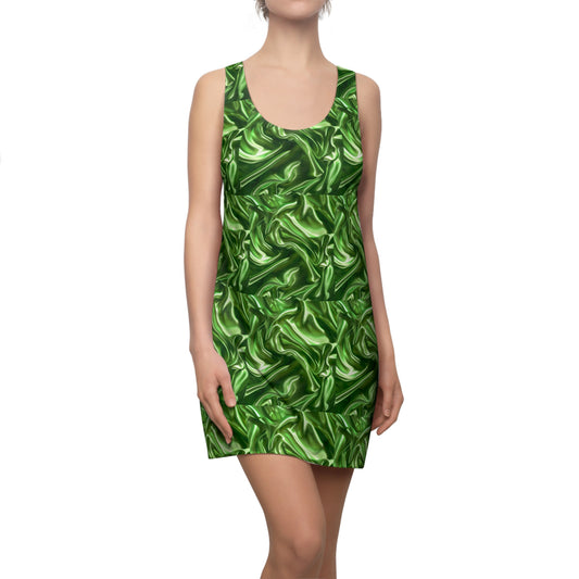 Green Silk Faux Sleeveless, Women's Cut & Sew Racerback Dress (AOP)