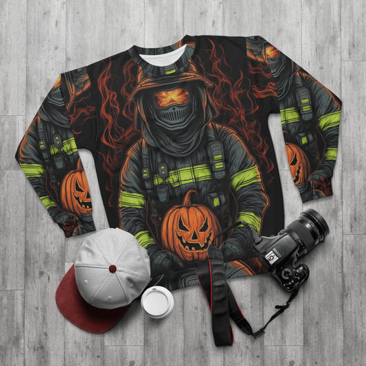 Firefighter Spooky Alert: Facing Haunted Halloween Spirits Scary Fire Pumpkin - Unisex Sweatshirt (AOP)