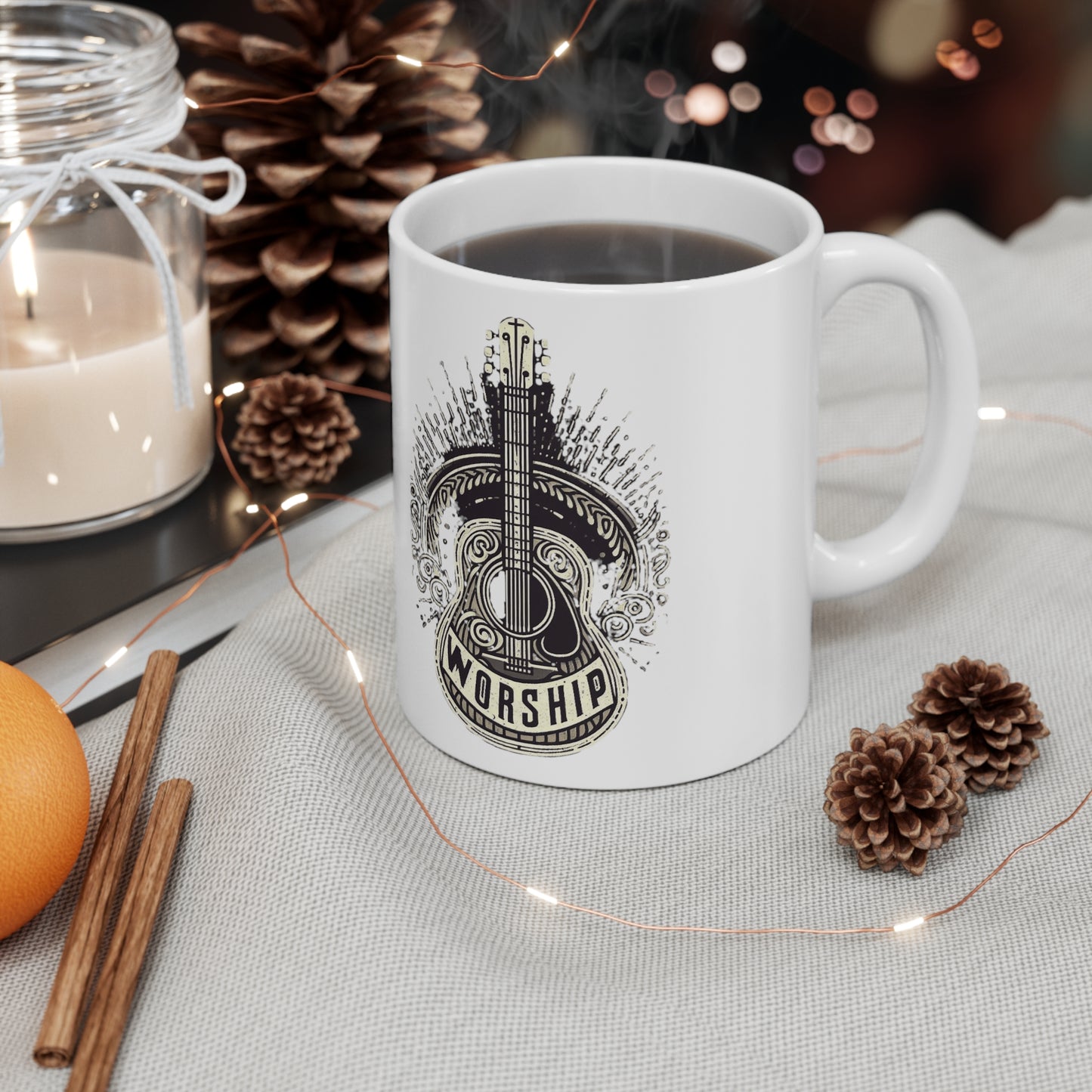 Worship Guitar - Psalm 95 Faith, Trendy Christian, Bible Verse, Religious - Ceramic Mug 11oz