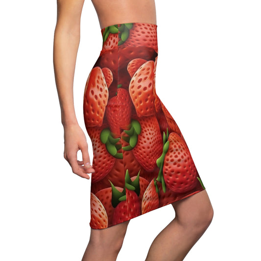 Garden Strawberries- Wild Sweet Gourmet - Farm Growing Ripe Red Fruit -Women's Pencil Skirt (AOP)