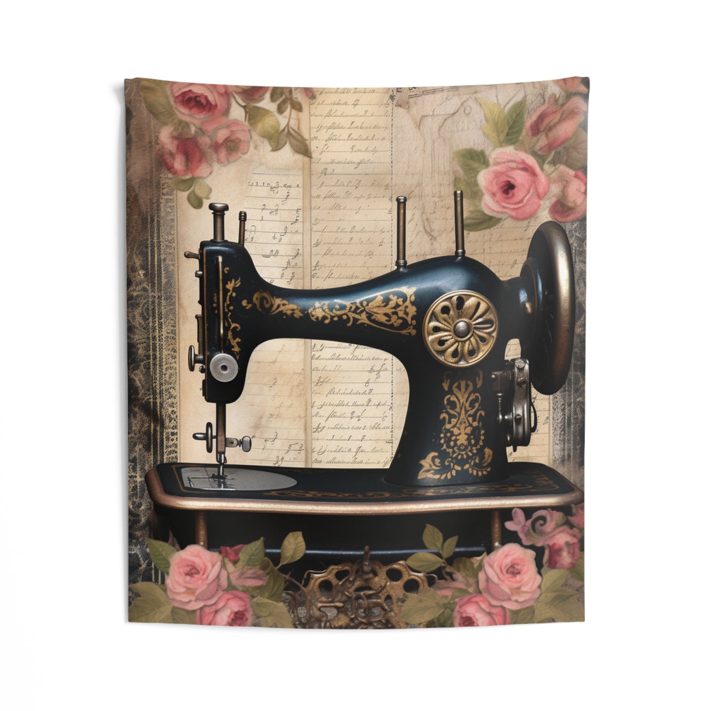 Gothic Black Sewing Machine with Golden Accents and Roses, Classic Tailoring - Indoor Wall Tapestries