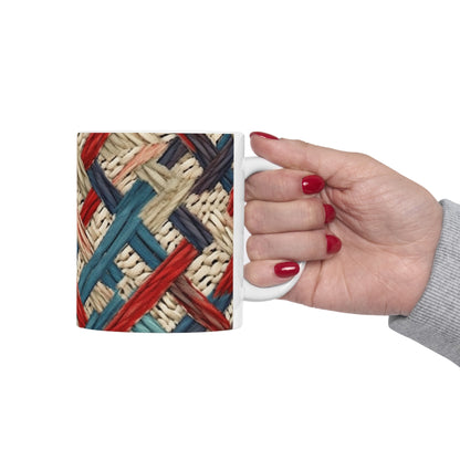 Colorful Yarn Knot: Denim-Inspired Fabric in Red, White, Light Blue - Ceramic Mug 11oz