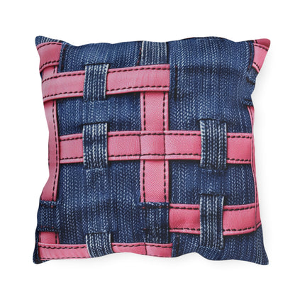 Candy-Striped Crossover: Pink Denim Ribbons Dancing on Blue Stage - Outdoor Pillows