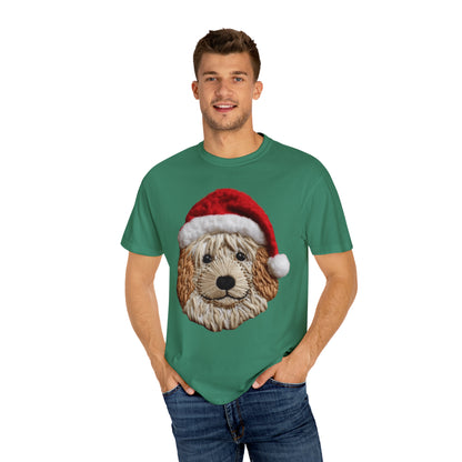 Chenille Dog Embroidered Patch - Christmas Puppy with Santa Hat - Unisex Garment-Dyed T-shirt