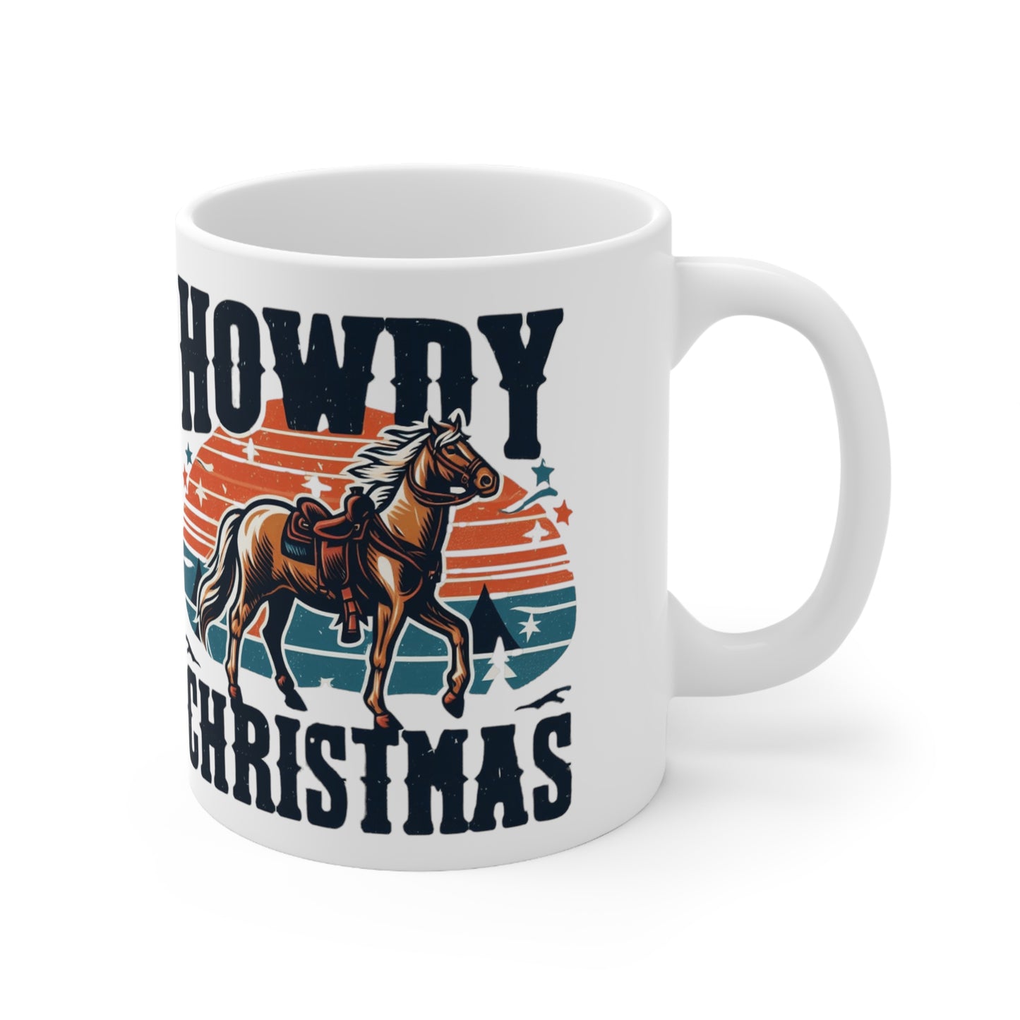 Retro Western Christmas - Howdy Christmas with Patriotic Horse and Star Banner - Ceramic Mug 11oz