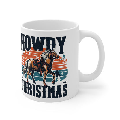 Retro Western Christmas - Howdy Christmas with Patriotic Horse and Star Banner - Ceramic Mug 11oz