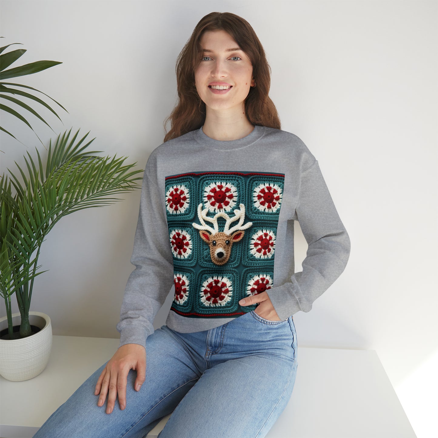 Christmas Reindeer Crochet, Wintry Wonderland Design, Festive Stag Motif. Embrace the Holiday Spirit - Unisex Heavy Blend™ Crewneck Sweatshirt