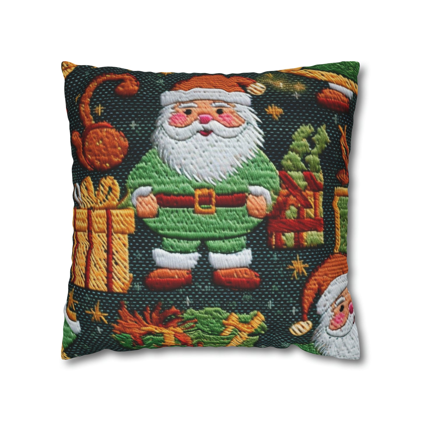 Papá Noel navideño - Regalos bordados - País de las maravillas invernal festivo - Diseño Deck the Halls - Funda de almohada cuadrada de poliéster hilado 