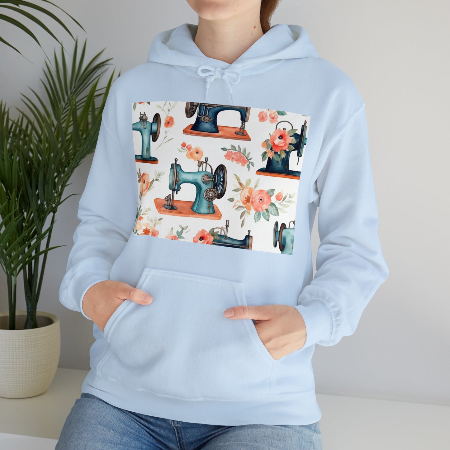 Watercolor Sewing Machines & Floral Bouquets: Antique Feminine Minimalist Styling - Unisex Heavy Blend™ Hooded Sweatshirt