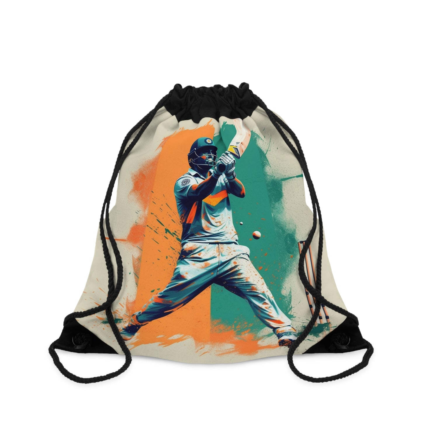 Cricket Batsman, Ball Strike, Indian Flag Color Background - Street Style - Drawstring Bag