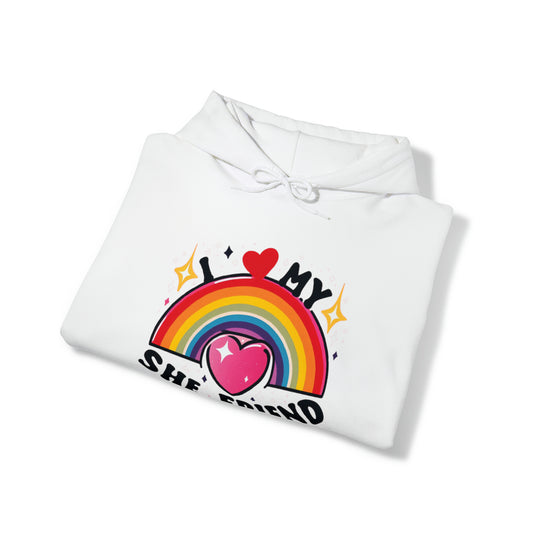 Loving Friendship Emblem - Rainbow Heart and Stars, LGBQ Support and Pride, She Her Affectionate Tribute Design - Unisex Heavy Blend™ Hooded Sweatshirt