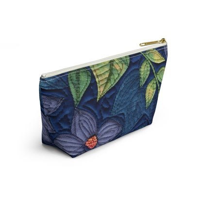 Floral Embroidery Blue: Denim-Inspired, Artisan-Crafted Flower Design - Accessory Pouch w T-bottom