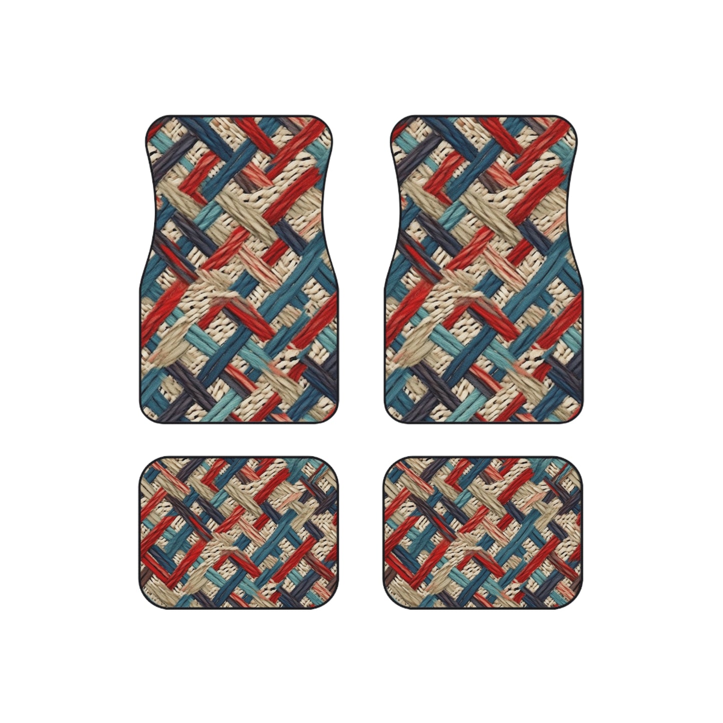 Colorful Yarn Knot: Denim-Inspired Fabric in Red, White, Light Blue - Car Mats (Set of 4)