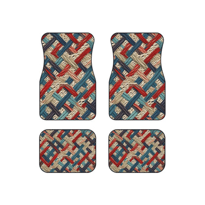 Colorful Yarn Knot: Denim-Inspired Fabric in Red, White, Light Blue - Car Mats (Set of 4)