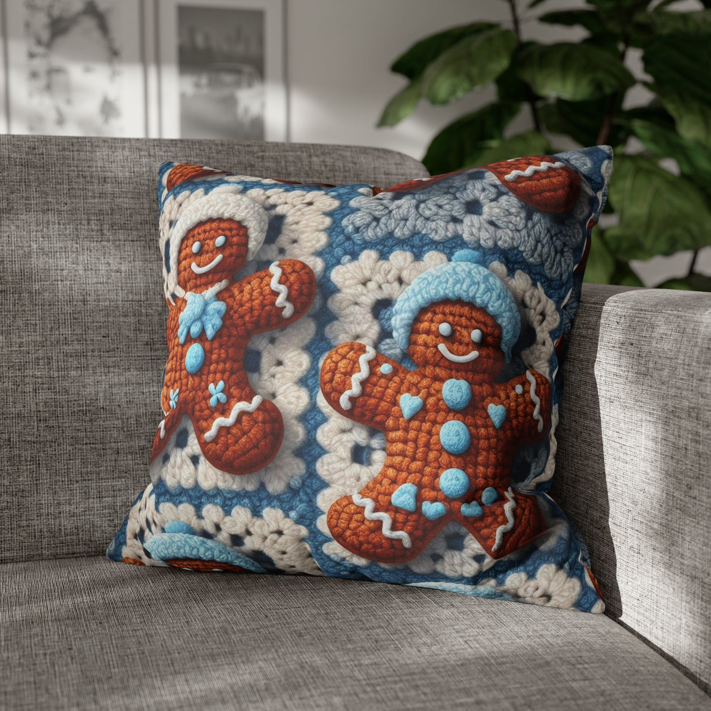 Winter Cheer: Charming Crocheted Gingerbread Christmas Friends Adorned with Snowy Hats and Sweet Smiles - Spun Polyester Square Pillow Case