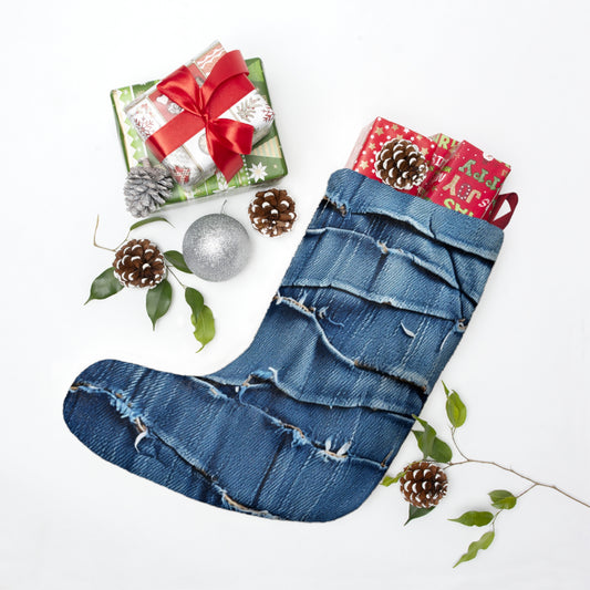 Midnight Blue Distressed Denim: Rugged, Torn & Stylish Design - Christmas Stockings