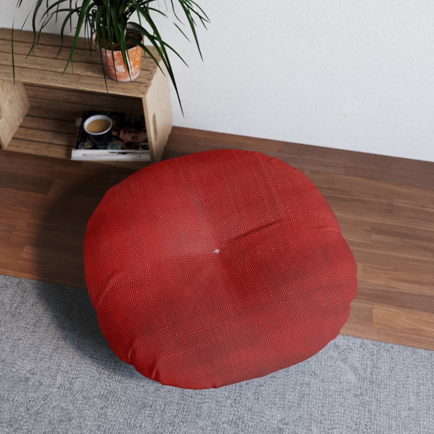 Juicy Red Berry Blast: Denim Fabric Inspired Design - Tufted Floor Pillow, Round