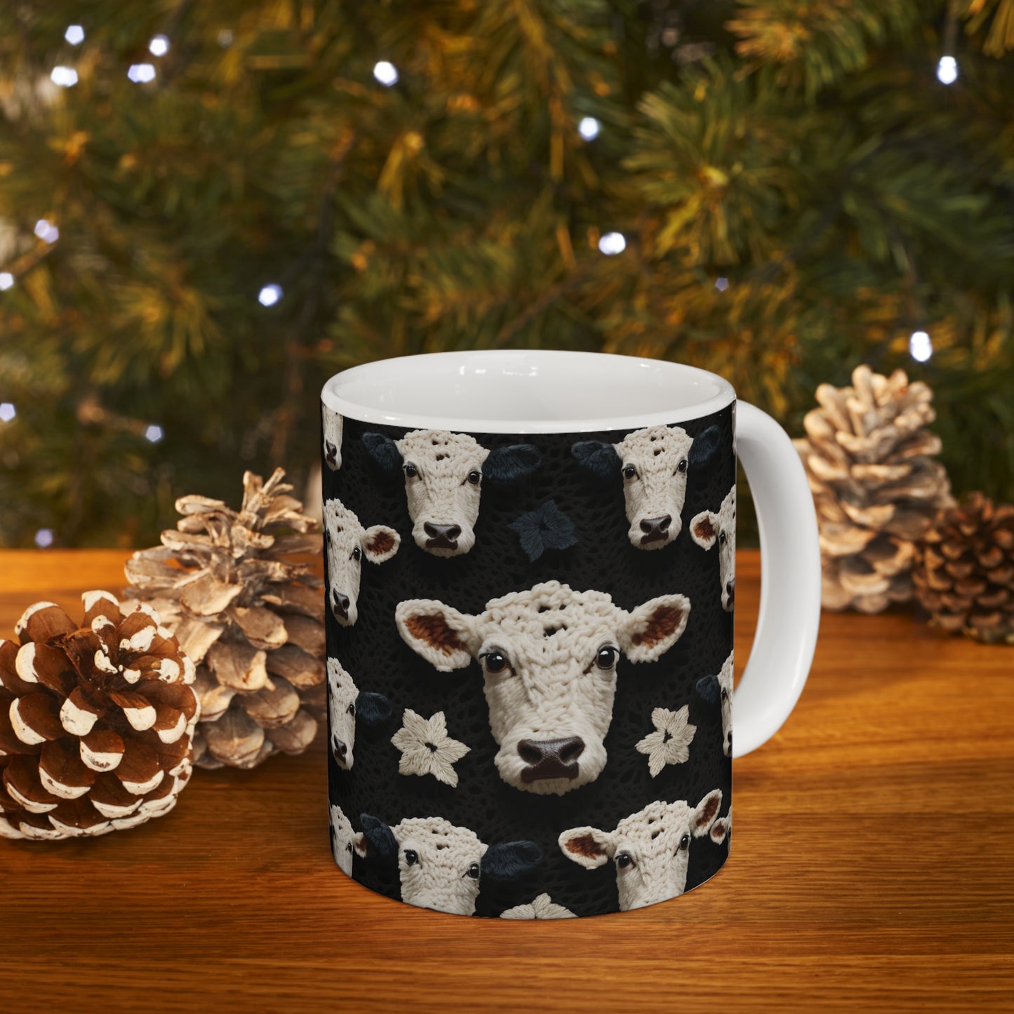 Patrón de vaca de ganchillo Estilo de tela de animales de granja - Taza de cerámica 11oz