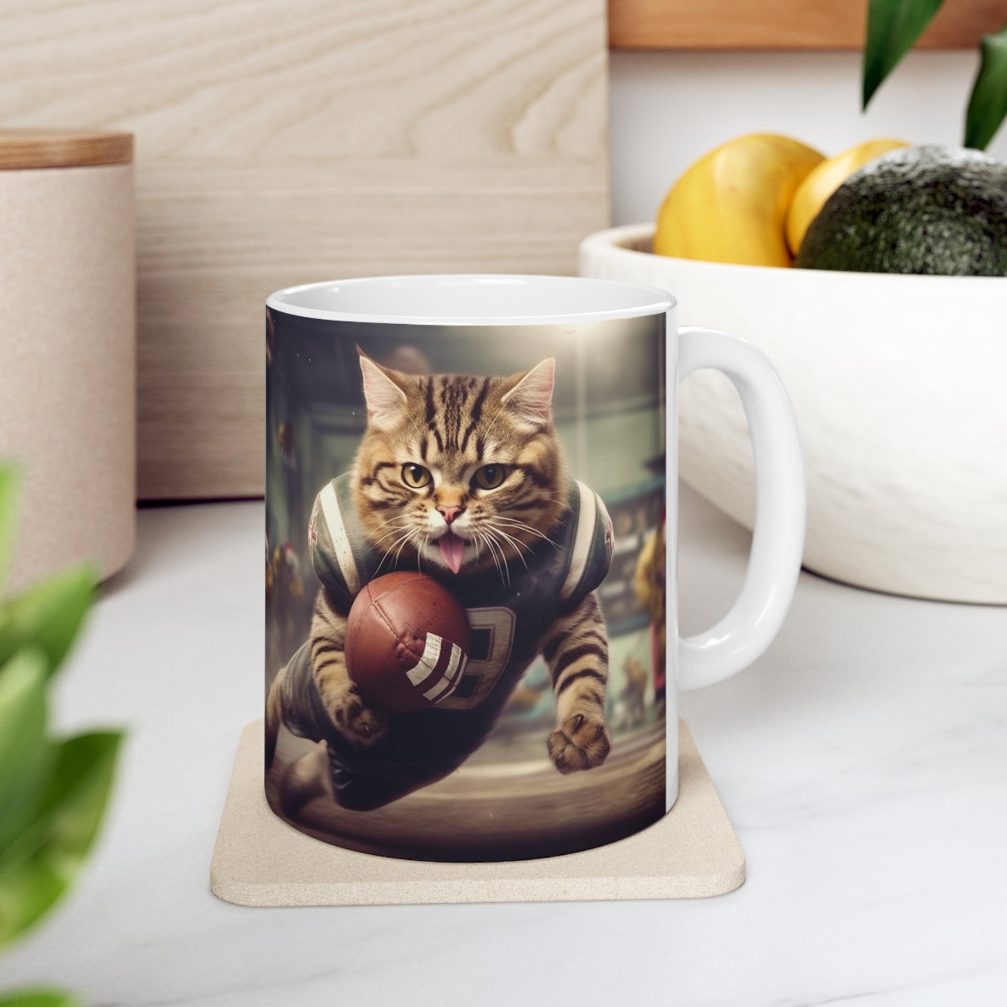 Football Field Felines: Kitty Cats in Sport Tackling Scoring Game Position - Ceramic Mug 11oz