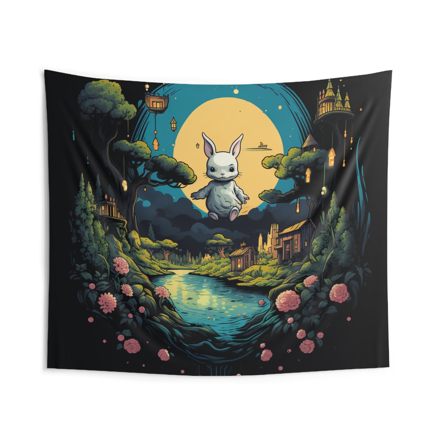 White Rabbit Mystery Psychedelic Fantasy Anime Cartoon Bunny - Indoor Wall Tapestries