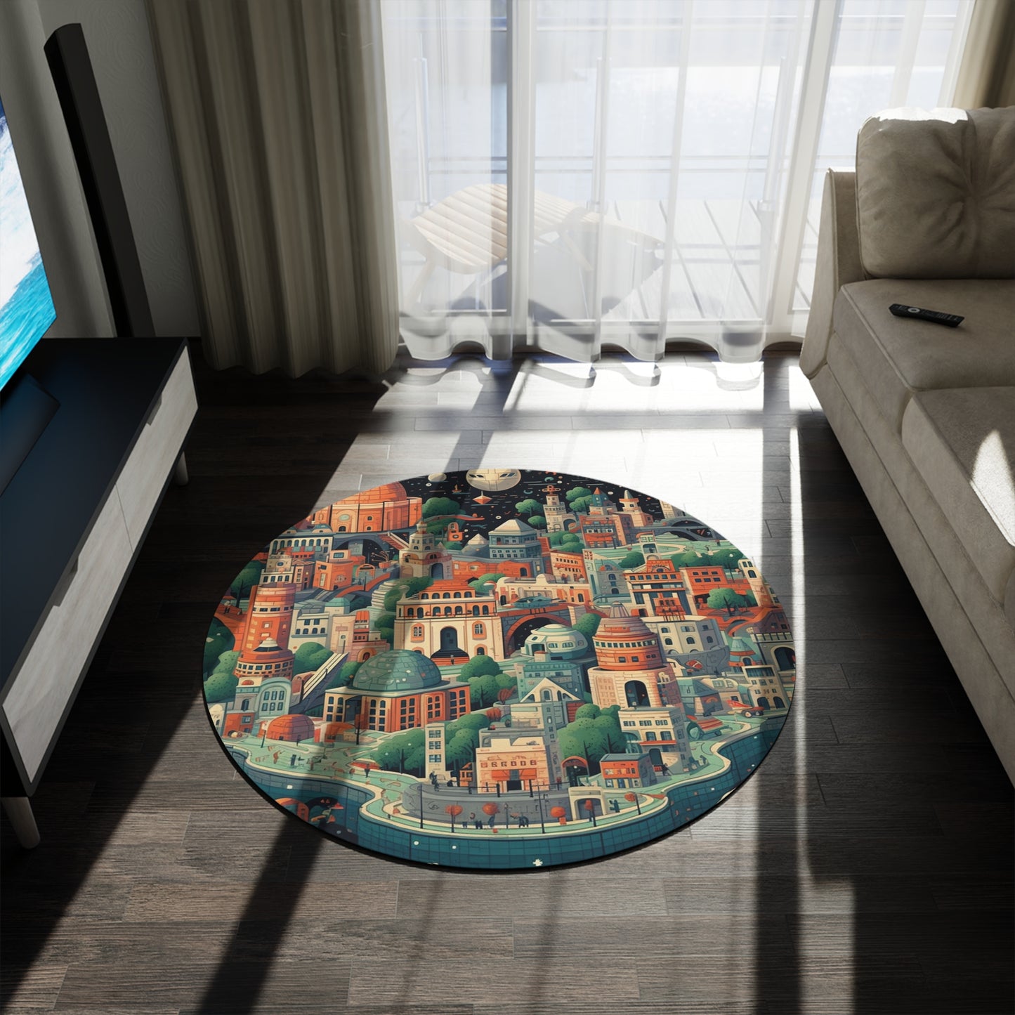 Galactic Metropolis Pattern, Sci-Fi Inspired - Round Rug