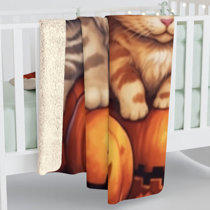 Kitty Cat Kittens Halloween - Cute Furries on Pumpkin - Festive Feline Decor - Sherpa Fleece Blanket