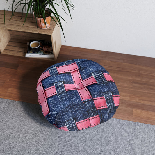 Candy-Striped Crossover: Pink Denim Ribbons Dancing on Blue Stage - Tufted Floor Pillow, Round