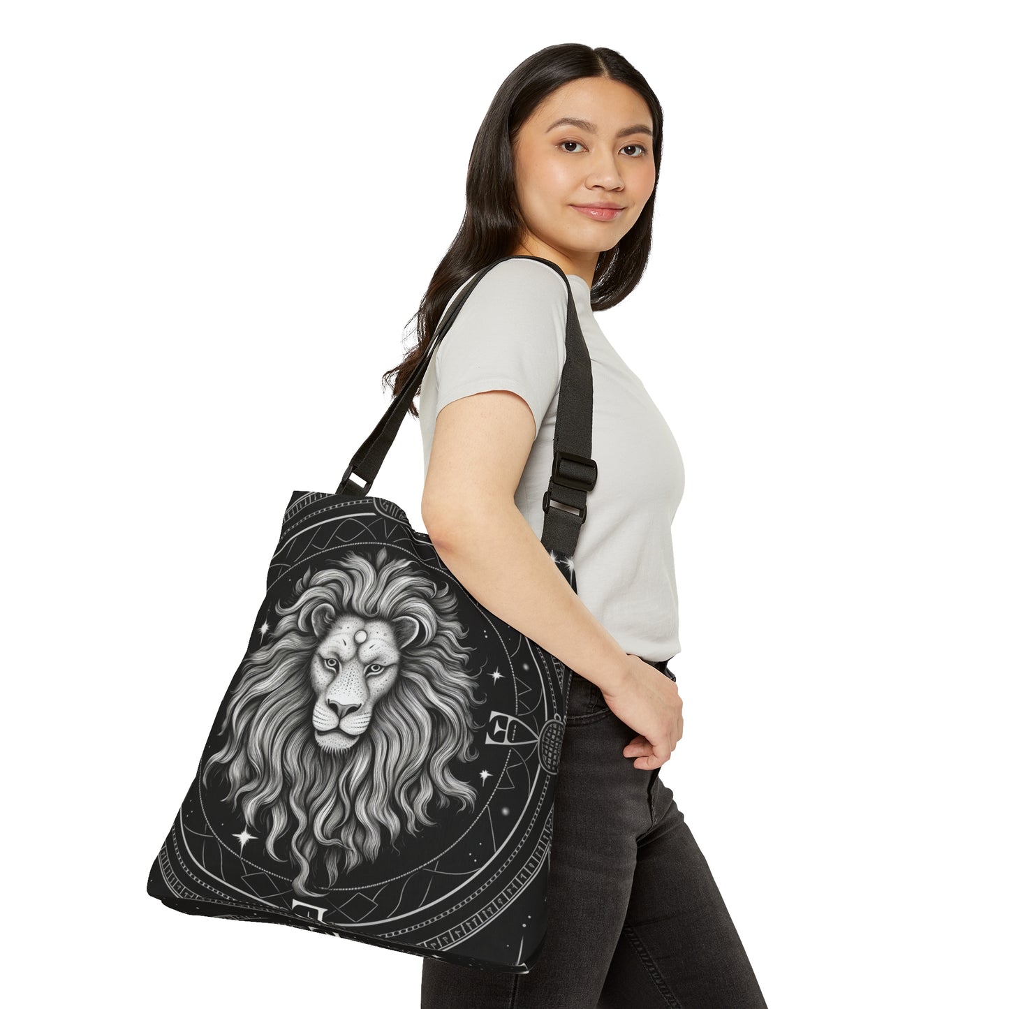 Leo Zodiac Tote Bag, Black White Lion Design, 100% Spun Polyester, Adjustable Strap