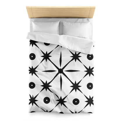 Mid Century Modern Asterisk Design - White & Black Atomic Starburst - Microfiber Duvet Cover