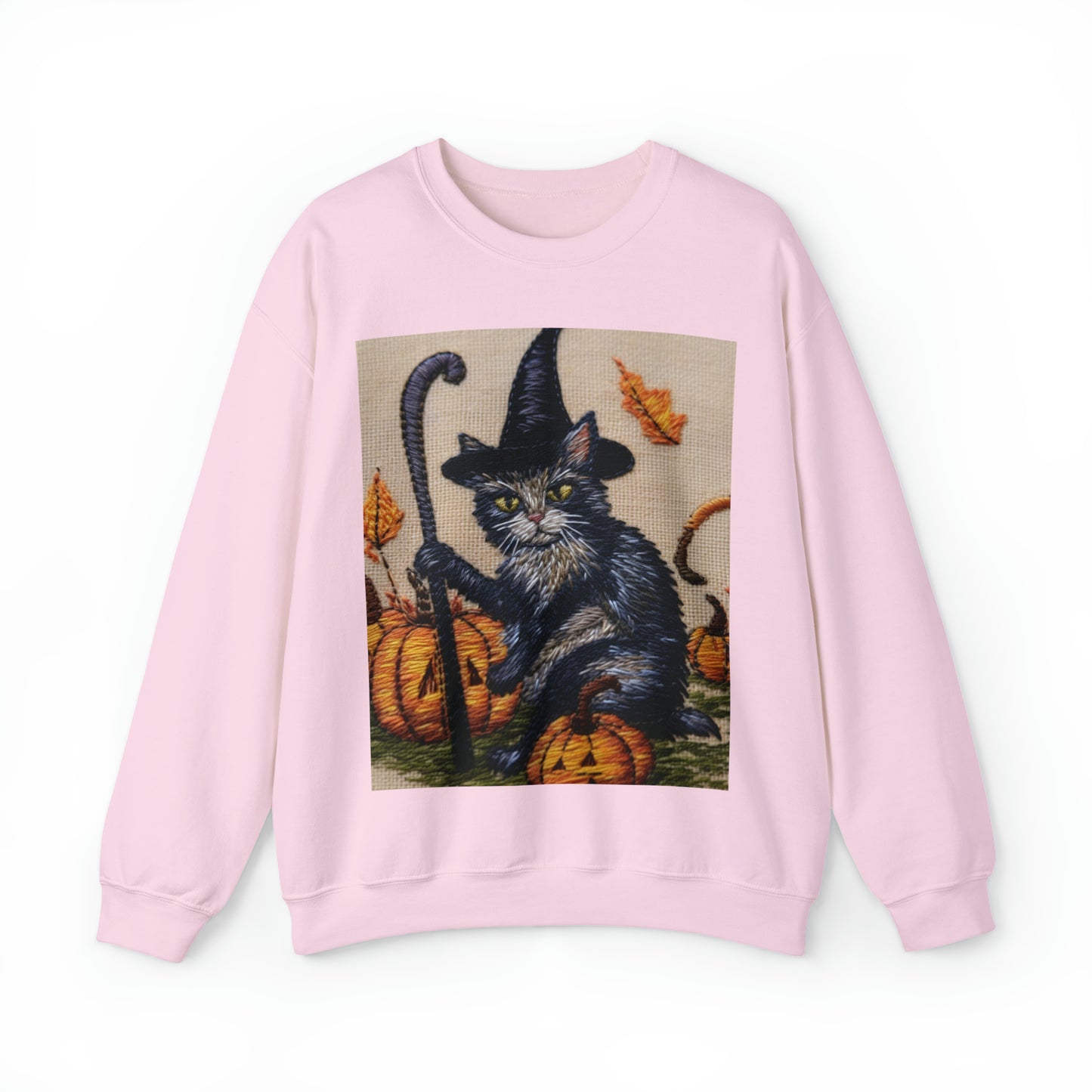 Halloween Cat Magic: Embroidered Style Feline with Pumpkins & Witch Hat - Unisex Heavy Blend™ Crewneck Sweatshirt