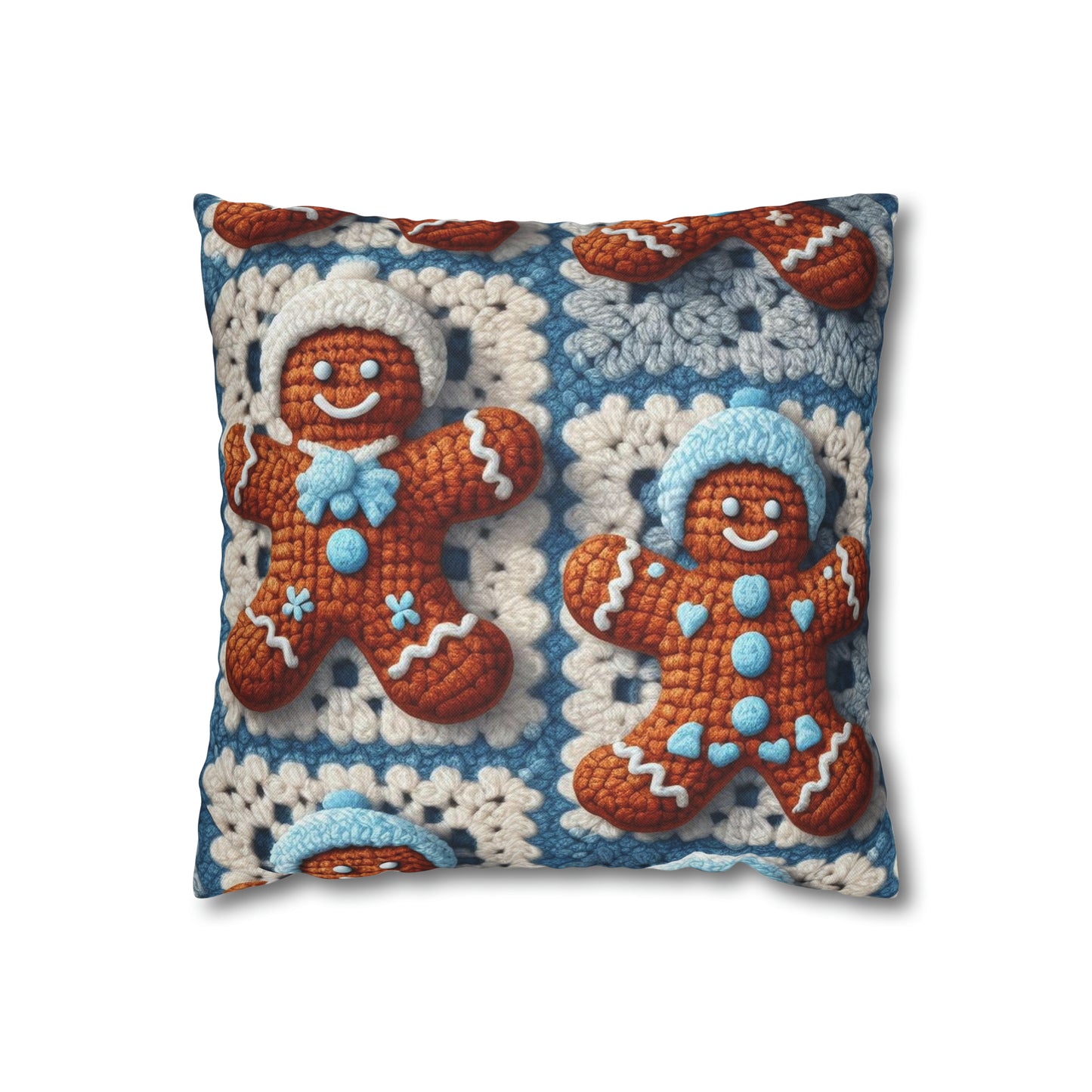 Winter Cheer: Charming Crocheted Gingerbread Christmas Friends Adorned with Snowy Hats and Sweet Smiles - Spun Polyester Square Pillow Case