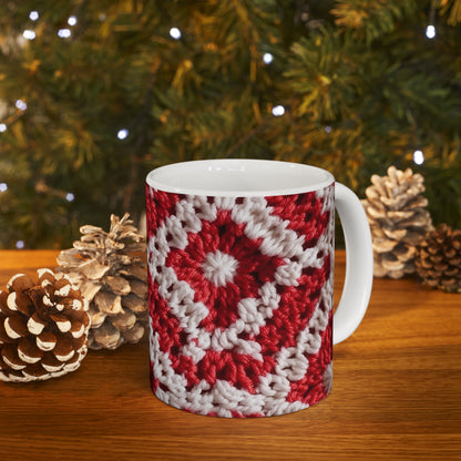 Cálido punto de ganchillo rojo y blanco de invierno: diseño de textura cinematográfico elegante - Taza de cerámica de 11 oz 