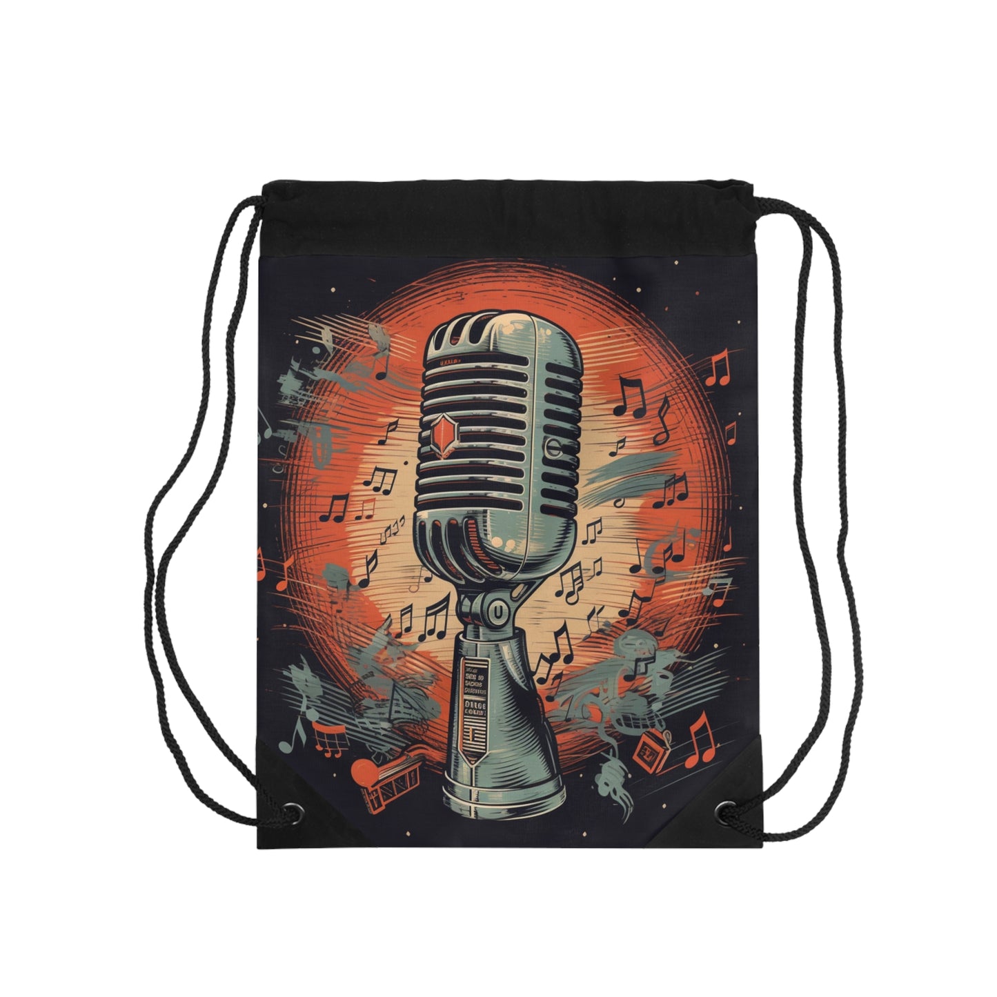 Retro Microphone & Music Notes - Vintage Style Design - Drawstring Bag