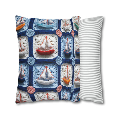 Crochet Boat Ship Sea Vessel Ocean Beach Travel Yacht Design - Spun Polyester Square Pillow Case