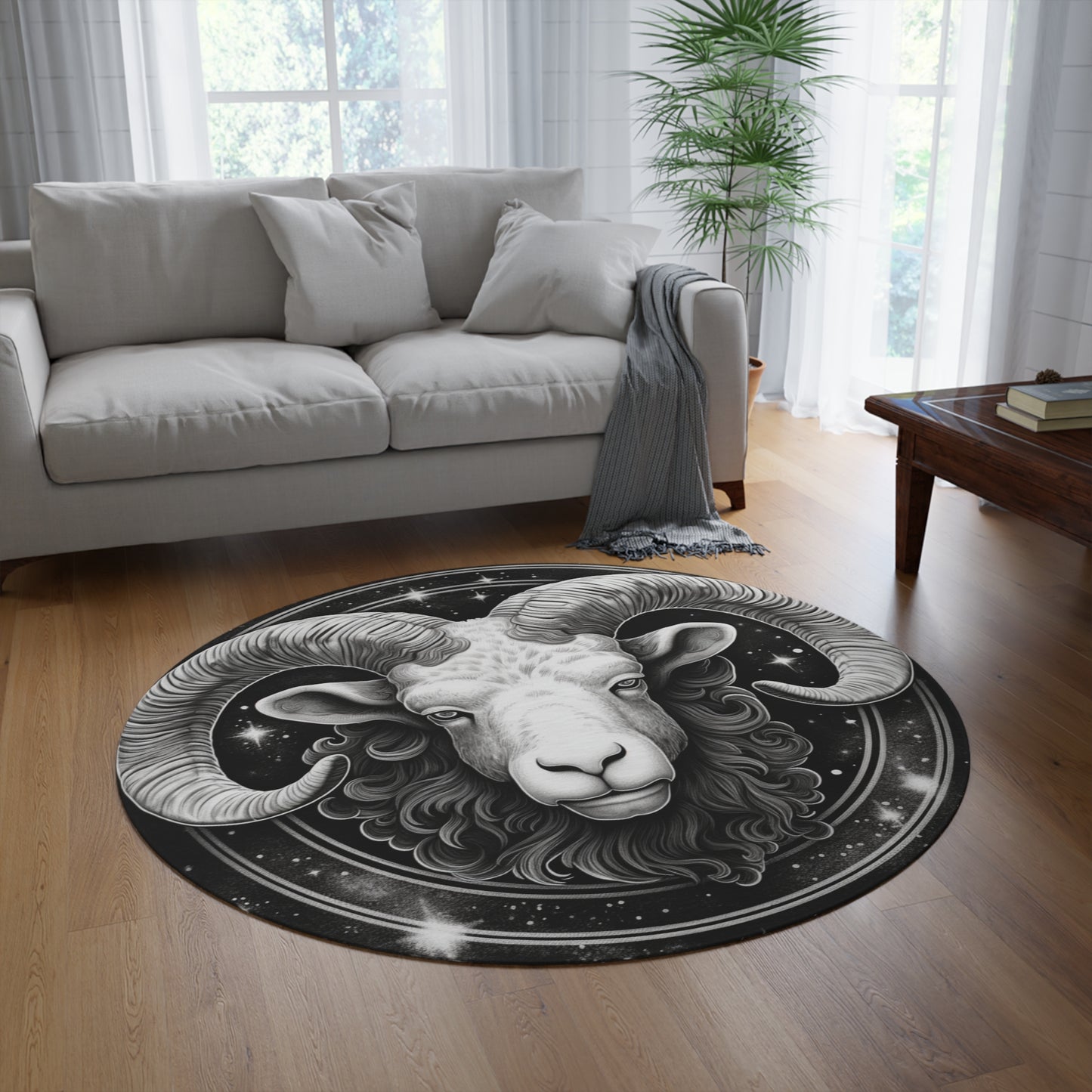 Alfombra redonda Aries de 4.9 ft, diseño de carnero blanco y negro del zodíaco, chenilla duradera